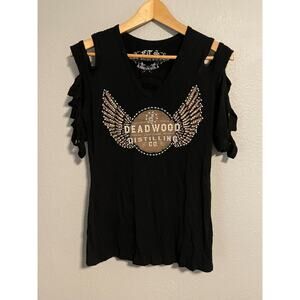 Sturgis Womens Top Large Black Angel Wing Graphic Studded Deadwood SD Biker Y2K